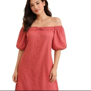 One One Six Coral Linen Blend Square Neck Puff Sleeve Bohemian Dress Size M